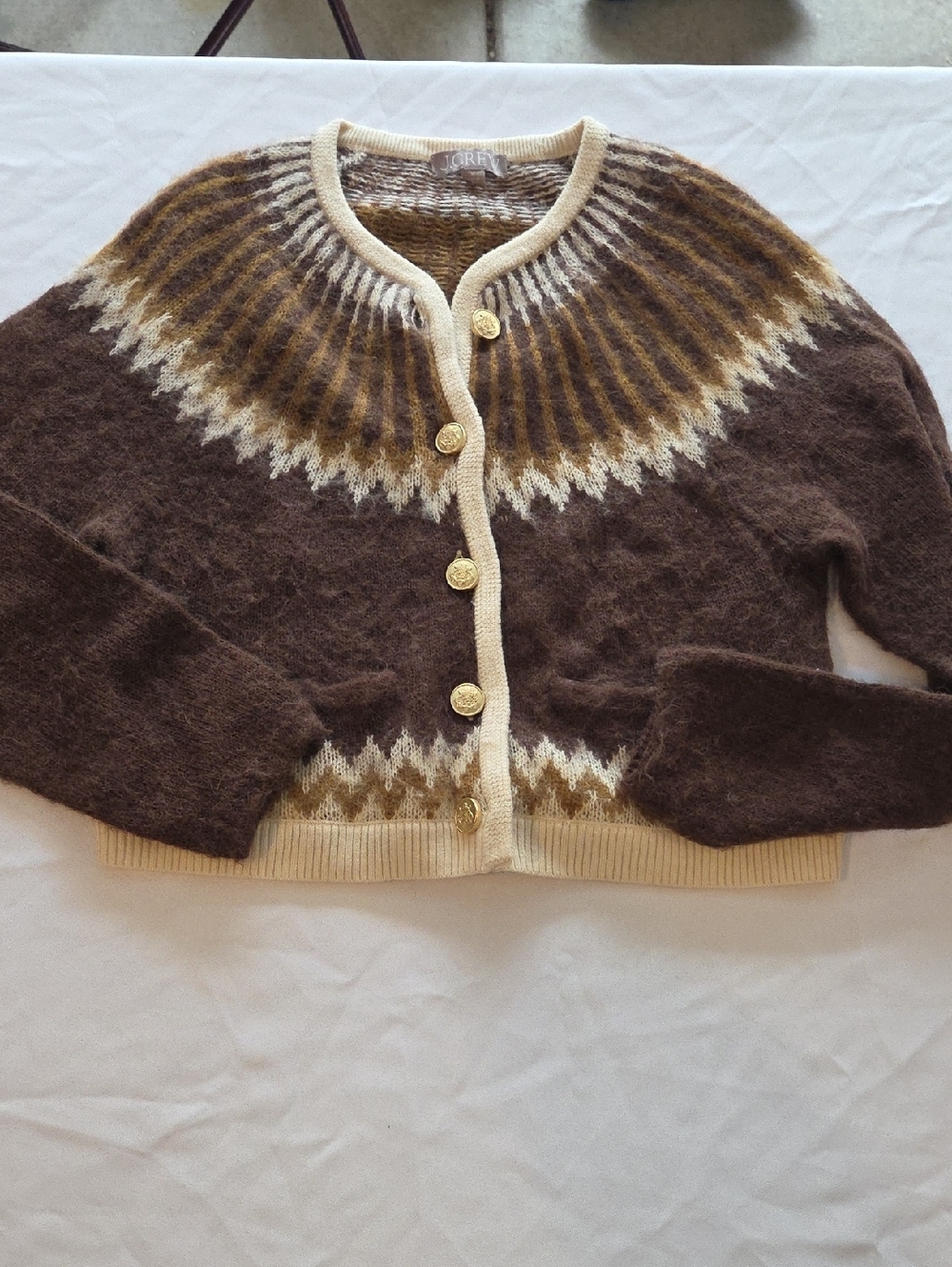 J. Crew Brown & Cream Fair Isle Crewneck Cardigan with Gold Buttons